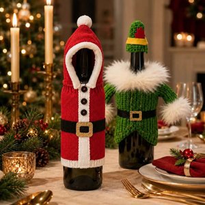 Adorable Knitted Polyester Christmas Wine Bottle Covers Set Handmade Bottle Sweaters Hats Party Table Dinner Holiday Gift Decor