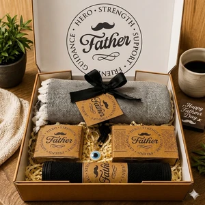 Premium Luxury Handmade Father's Day Gift Set Includes Turkish Cotton Peshtemal Towel Natural Grooming Soap Pumice Stone