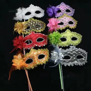 Lace Venetian Mask with Stick Venice Feather Flower Wedding Carnival Party Performance Costume Fashion Lady Mask Masquerade