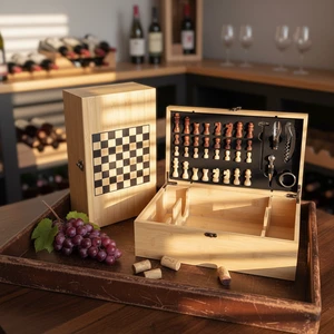 Wooden Wine Gift Box With Chess Set Includes Corkscrew Bottle Stopper & Pourer-Custom Logo Sustainable Wooden+Metal