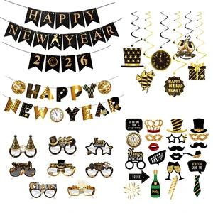 2026 New Design Happy New Year Black Gold Banner Glasses Photo Props Decorations for New Year Party Supplies