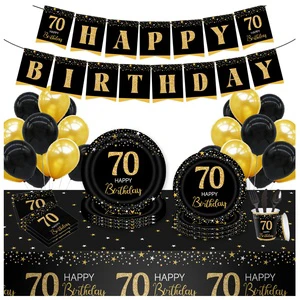 70th Birthday Party Supplies Disposable Tableware Set for Men Black and Gold 70 Birthday Party Decorations