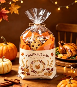 Thanksgiving Themed Transparent Material for Cookies Candy Snacks and Party Favors Pumpkin Turkey & Maple Leaf Bags