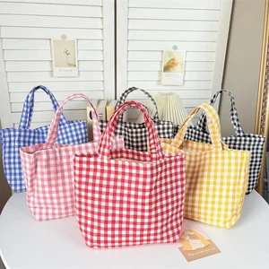Bottcoola Fashion Simple Artistic Middle Size Plaid Cotton Canvas Mummy Student Cotton Shopping Handbag Lunch Bag