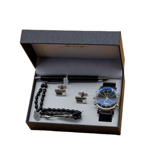Christmas Giveaways Fashion Gift Set Cufflink Rosary Pen Leather Quartz Wrist Watch and Bracelet Set Men Fathers Day Gifts