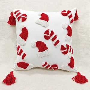 2025 Factory New Arrival Punch Needles Embroidered Candy Cane & Santa Hat Pillowcase Home Sofa Decor Christmas Pillow Cover