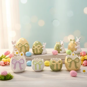 Irregular Easter Egg-shaped Ceramic Flowerpot Candle Jar Jewelry Tray Key Dish with Bowknot
