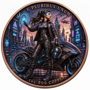1oz .999 Fine Copper Cyberpunk Rider Coin Neon City Futuristic Art Collectible Medallion