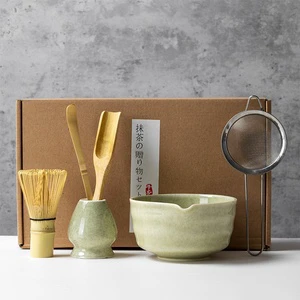 Custom Logo Matcha Tea Set 4 to 10 Pieces Japanese Matcha Bowl Tea Whisker Standing Bamboo Matcha Set Whisk with Gift Box