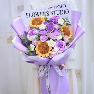 Handmade Sunflower Rose Bouquet Valentine's Day & Other Festive Gift Artificial Knitted Crochet for Mom Christmas Halloween