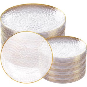 Gold Rim Plastic Plates Disposable Hammered Pattern Pink Gold Edge Party Dinnerware Set Elegant Tableware