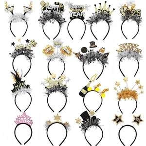 Happy New Year Themed Tinsel Foil Fringed Headband Headdress Head Wear Photo Props for 2025 New Year eve Celebration Party Decor