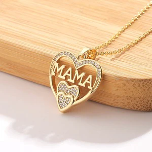 Mother's Day Gift MAMA Heart Pendant Necklace 18K Gold Plated Double Heart Mom Necklace for Women Mothers Day Jewelry Gifts