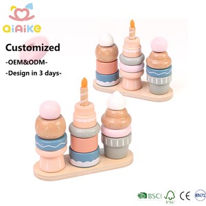 Qiaike Baby Montessori Wooden Sweet Cake Stacking Toy Pretend Play Dessert Set Diy Educational Building Blocks Wooden Toy OEM CE