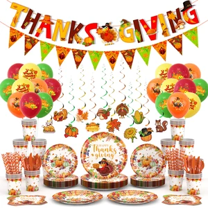 Customized Modern Thanksgiving Turkey Maple Leaf-Themed Party Decoration Set Includes Disposable Paper Plate Balloons for