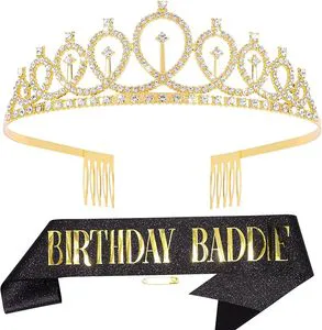 Birthday Crown and Sash for Women Birthday Baddie Decorations Set Rhinestone Tiara Valentine's Day Adult Party Decorations