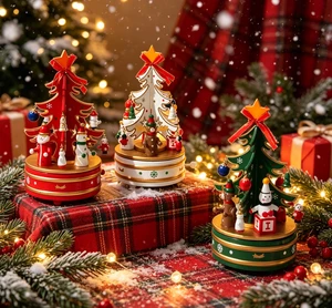 Creative Wooden Rotating Christmas Tree Music Box Cartoon Santa Snowman Ornament Holiday Gift for Kids Home Window Decor