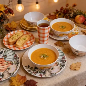 Autumn Thanksgiving Tabletop Dinnerware Sets Melamine with Pumpkin Buffalo Plaid Pattern