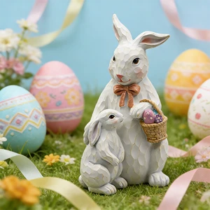 Resin Sculpted Easter Bunny Family Statue Mother and Baby Rabbit Figurine with Easter Egg Basket B2B Wholesale Supply
