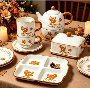 Wholesale Ceramic Dinnerware Set Orange Turkey Pumpkin Design Thanksgiving Tableware for Home Kitchen Restaurant