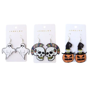 Women's Halloween Acrylic Cartoon-Printed Ghost Skull Pumpkin Drop Earrings-European-American Festival Party Ear Charms