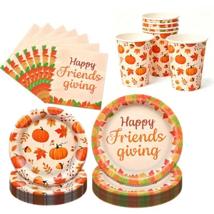 Thanksgiving Paper Plates Napkins Cups Fall Pumpkins Paper Plates Autumn Tableware Set for Harvest Thanksgiving Party Supplies
