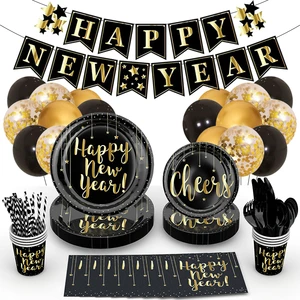Cross-border New Year Party Theme Disposable Items New Year's Happy Party Tableware and Decorations
