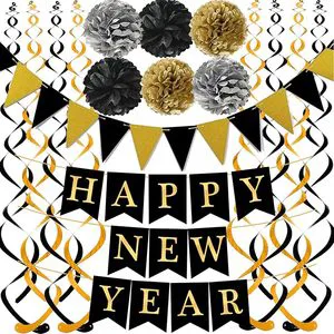 Black Theme Happy New Year Decoration Set with Gold Black Paper Flag Bunting Swirl Streamers and Pom Poms for New Year Party