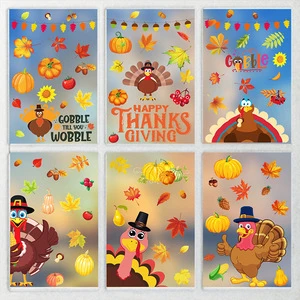 Thanksgiving PVC Window Sticker with Cartoon Turkey Maple Leaves Design Static Cling Glass Door Decoration Seamless Adhesive