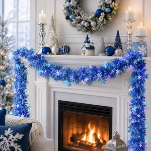 Blue Snowflake Christmas Tinsel Garland Metallic Holiday Decoration for Tree Fireplace Staircase Party