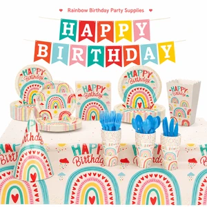 Rainbow Birthday Party Supplies Set Disposable Tableware Kit for Kids Decoration Eco-Friendly Paper Plates Cups Napkins Banner