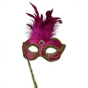 Halloween Plastic Pink Feather Venetian Half-Face Party Masks Decoration Prop with Gold Trim and Handheld Feathers for Adults