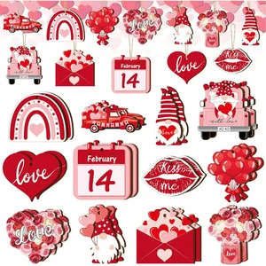 Valentine's Day Wooden Ornaments, Decorative Tree, Little Dwarf, Happy Valentine's Day Ornaments with Rope, Party Decoration