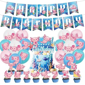 Axolotl Kids Party Decorations Bundle Happy Birthday Balloons Cake Topper 1st Birthday Supplies for Boys Girls Salamander Theme