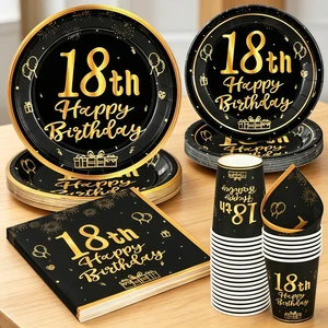 Vintage Black Gold 18th Birthday Party Tableware Supplies 18th Birthday Decorations for Women Party Decorations Party Supplies