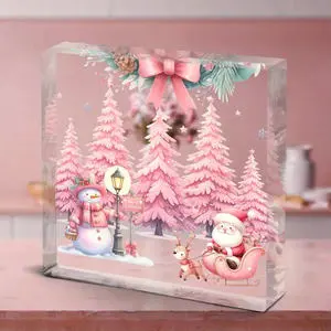 Thanksgiving Holiday Supplies New Year Christmas Party Props Pink Acrylic Modern Ornaments UV Printed 10x10x1cm ZY Brand