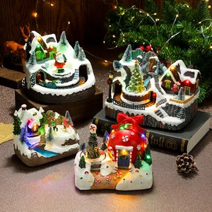 Christmas Desktop Decorations Luminous Resin Matte Finish Micro Landscape Ornaments Rotating Music Lights Santa Figurines Toys