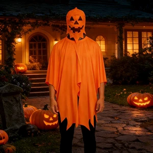2 Pack Halloween Pumpkin Costume Set with Headcover Cape Orange Jack Lantern Outfit for Halloween Carnival Theme Party Supplies