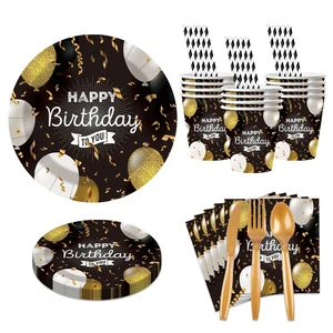 10 Guests Disposable Birthday Party Tableware Set Black and Gold Paper Banner Tablecloth Plate Cup Knife Fork Spoon Bulk Pack