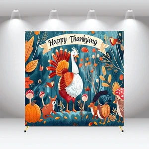 Thanksgiving Square Arch Backdrop Cover Polyester Forest Animals Turkey Pumpkin Arch Background Birthday Party Customizable