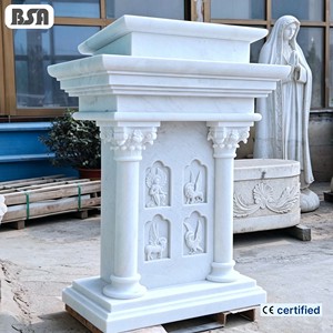 BSA Hand Carved White Marble Church Ambo Pulpit, Four Evangelists Symbols Stone Lectern For Cathedral Chapel Decoration