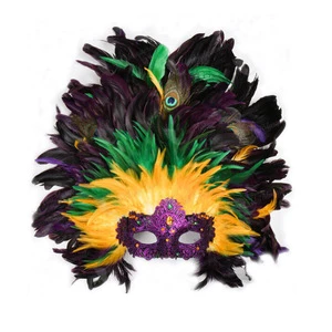 Venetian Carnival Large Feather Masquerade EyeMask Luxury Mardi Gras Red Feather Lace Mask