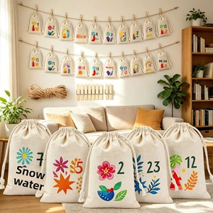Cross-border Best-selling Machine-printed Customizable Christmas Advent Calendar Bags Thickened Canvas Drawstring Pouches