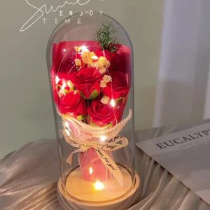 Valentine's Day Roses Artificial Flowers Bulk Rose in Glass Cover Wedding Birthday love Gift for Girlfriend Gift Set