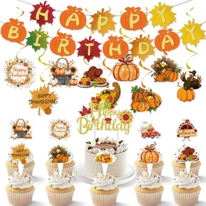 Thanksgiving Holiday Supplies Autumn Maple Leaf Pumpkin Turkey Banner Cupcake Topper Disposable Party Decoration Set
