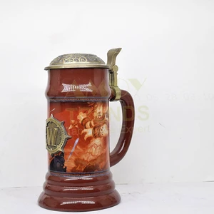 OEM Emboss logo Mid Centry Red Ceramic Beer Mug with Handle Beer Festival Gold Tankard German Stein Vintage 600ml