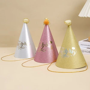 Instagrammable Glitter Triangle Birthday Hats Fashionable Pom Pom Pointed Crowns for Baby 1st Birthday Adults Party Decoration