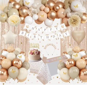 Beige Brown Women Girls Birthday Party Banner Curtain Cake Toppers Tiara Sash Table Cloth and Metallic Balloons Garland Supplies