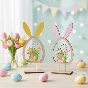 New Easter Bunny Decoration Easter Egg Shape Wood Pink Yellow DIY Tabletop Ornament Spring Gift