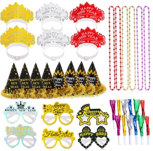 Happy New Year 2027 Headband Tiara Fringe Paper Hats Bead Necklace Blowouts Eyeglasses Photo Props for New Year eve Party Decor